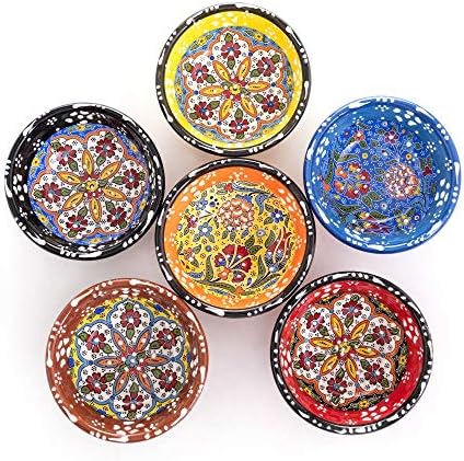 Ayennur Decorative Turkish Ceramic Bowl Set of 6 Serving-Handcrafted(3.14''- 8cm) 2.5oz Pinch sauce Multicolor Dipping Finger Small Serving Charcuterie Bowls