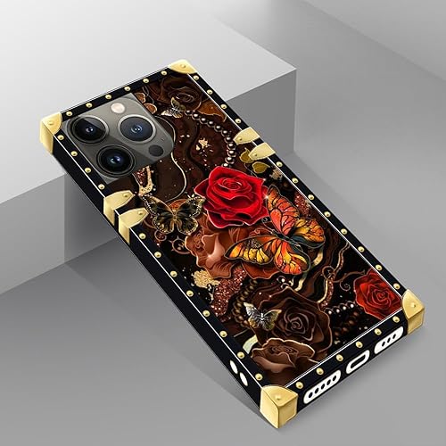 Miniatura 4 de DAIZAG Funda compatible con iPhone 15 Pro Max, mariposa dorada de cártamo, para niñas y mujeres, decoración cuadrada de esquinas de metal,