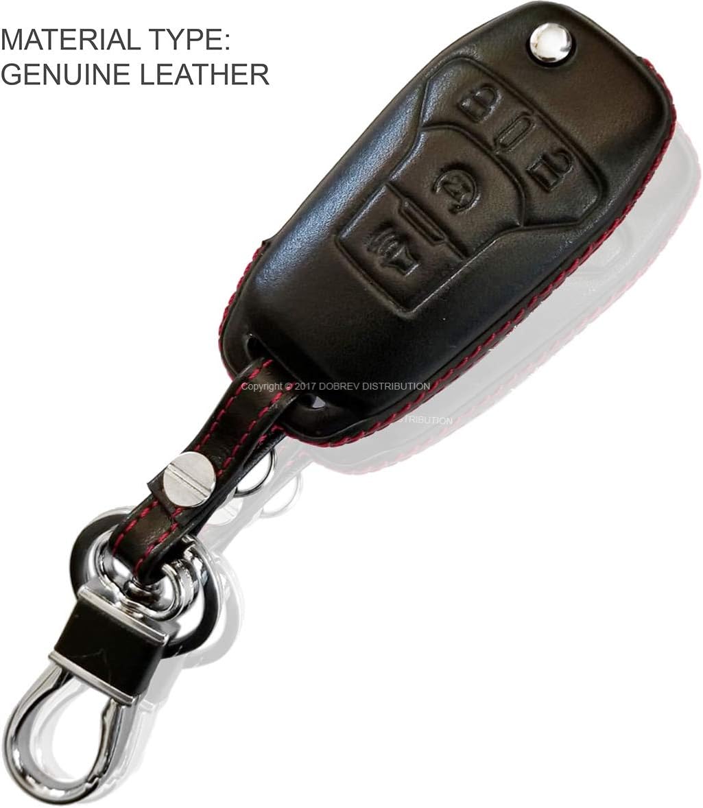 DOBREV 4 Buttons Genuine Leather Smart Key Case Cover Skin Fob Holder for FORD Ford F-Series F-150 2017 2018 Ford F-Series F-250 F-350 F-450 F-550 Flip Key Fob Remote with Start Button (black leather)
