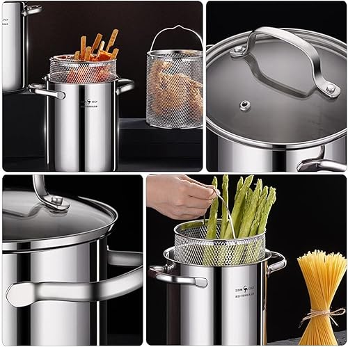 Miniatura 5 de Cabilock 1 juego de sartén con colador, olla de vapor de tamal profunda, cesta de mini chips de pavo, olla con cesta y quemador, olla de salsa de