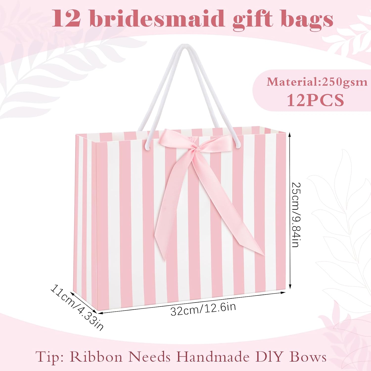 12 Pcs Bride Pink White Striped Gift Bags with Handles, 12.6 x 9.8 x 4.3 Inch Bridesmaid Gift Bags for Wedding Bridesmaid Bridal Baby Shower Birthday Coastal Beach Bachelorette Party Favor