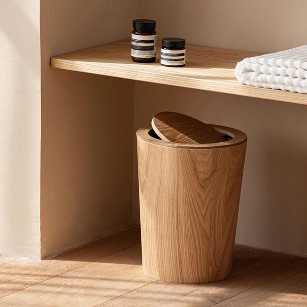 Papelera Papelera Redonda, Papelera de Madera con Tapa, Papelera de Reciclaje, Papelera con Tapa para baño, Aseo de Invitados, Papelera de Cocina