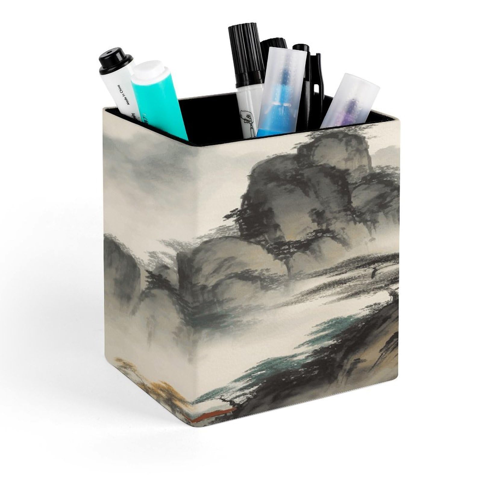 LZQPOEAS Chinese Landscape Painting Square Pen Pencil Holder PU Leather Pencil Cup Desktop Stationery Organizer Office Accessories Container