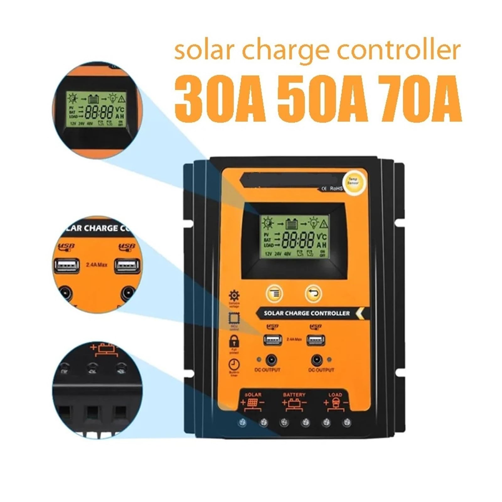 Regulator ładowania słonecznego Automatyczny regulator ładowania słonecznego 12 V do 24 V DC, regulator 30 A z podwójnym wyjściem USB, wyświetlacz LCD, wejście panelu słonecznego maks. 55 V
