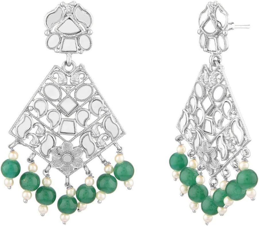 Efulgenz Indian Oxidized Jewelry for Navratri Crystal Glass Stone Earrings Faux Pearl Beads Dangle Chandelier Earring Set Indian Oxidized Jewelry for Women