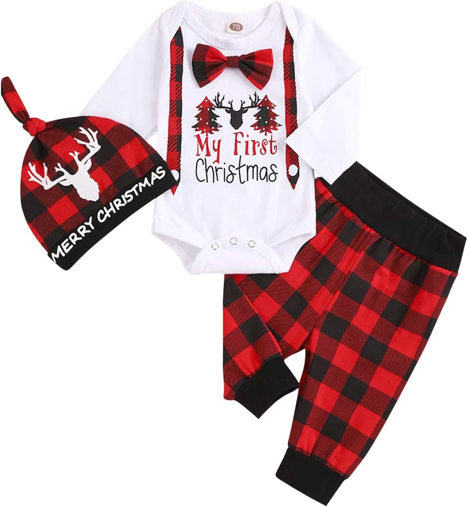 bilison My First Christmas Outfit Infant Baby Boy Christmas Romper Red Plaid Pants
