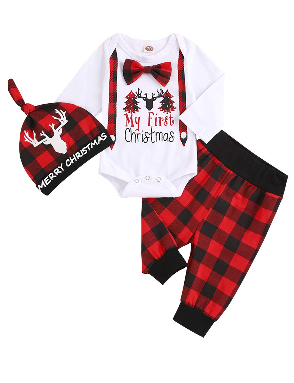bilisonbilison Infant Baby Boy Christmas Outfit My First Christmas Gentleman Romper Red Plaid Pants with Hat Clothes Sets