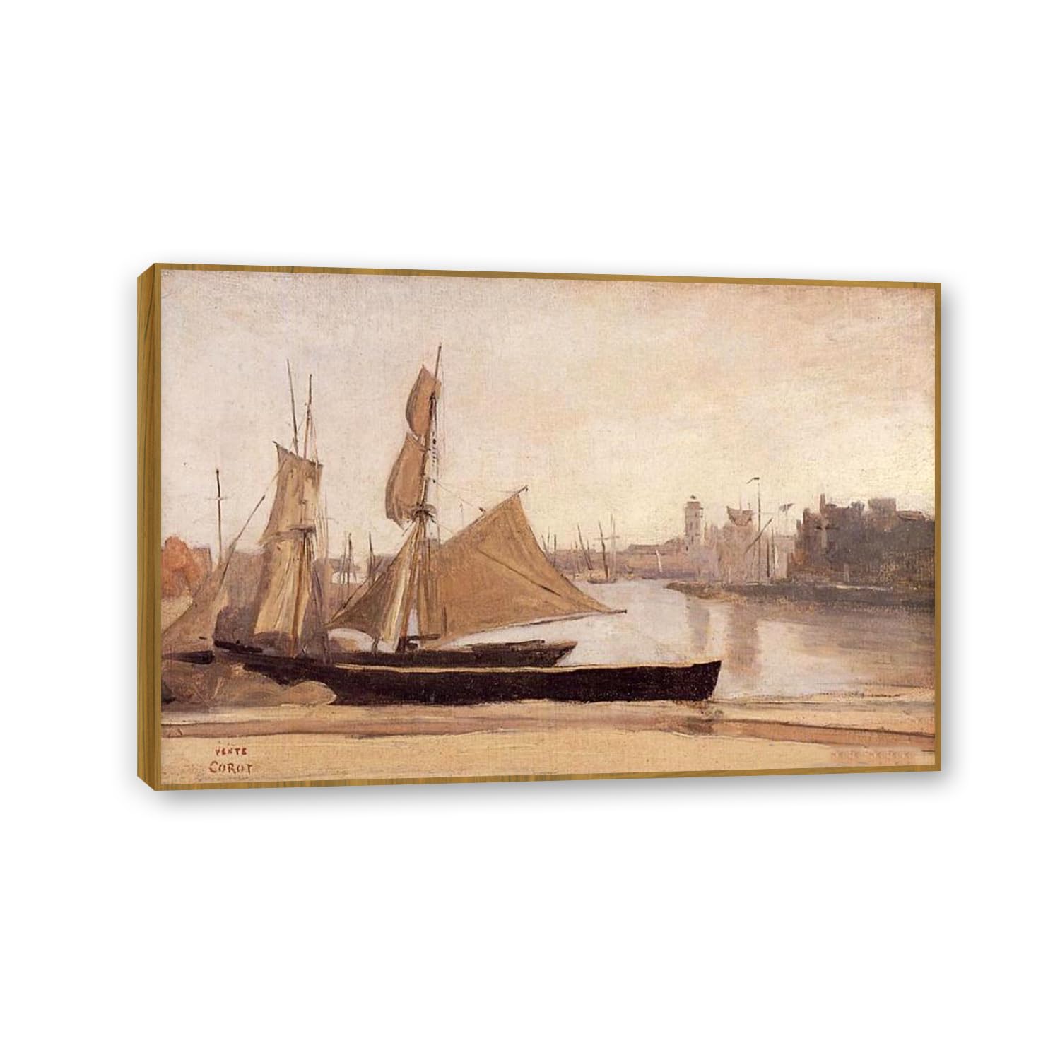Jean Baptiste Camille Corot Wall Art Fishing Boats Tied to the Wharf Vintage Nature Scenery Painting Reproduction Wall Decor for Living Room Bedroom Office Home Decor90x60cm(35x24in)Teak Frame