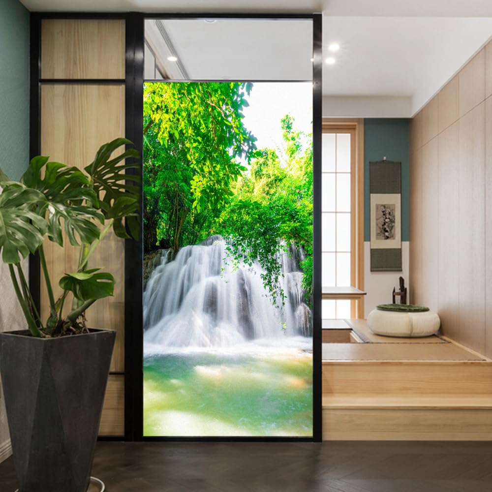 Privacy Window Film Green Plants Print Stained Glass Static Cling Window Treatments Window Coverings Glass Sticker Decorative Film for Siding Glass Door Home Decor 15.7