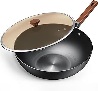 32cm/5.2L Wok with Lid Pre-Seasoned Carbon Steel Frying Pan - No Chemical Coated - Large Capacity for Cook Asian Dishes for 4-6 People for Induction, Gas