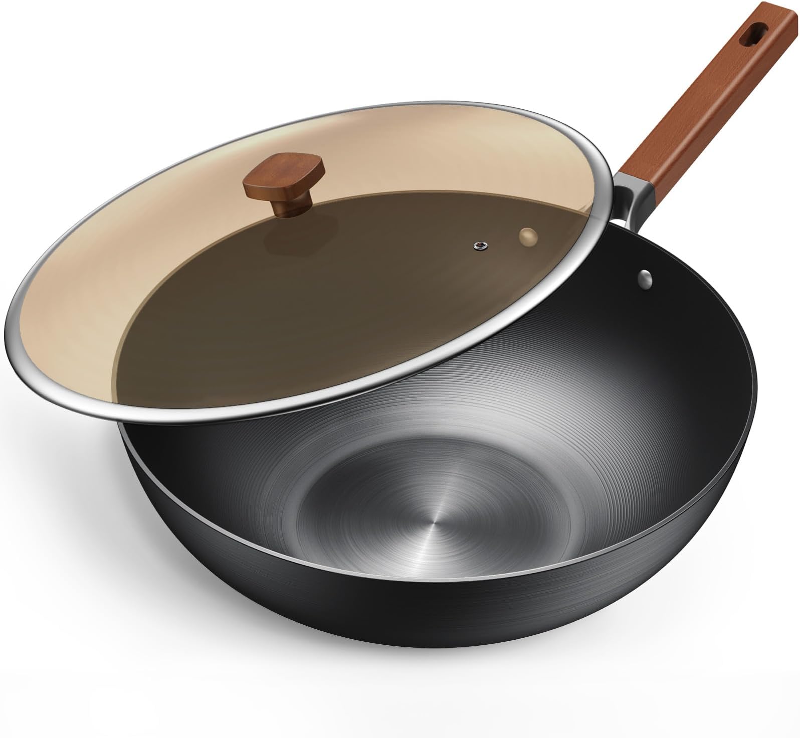 Jobin 32cm/5.2L Wok with Lid Pre-Seasoned Carbon Steel Frying Pan - No Chemical Coated - Large Capacity for Cook Asian Dishes for 4-6 People for Induction, Gas