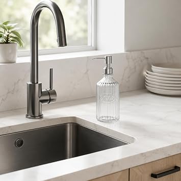 Elegant Glass Soap Dispenser with Rust-Proof Stainless Steel Pump - Refillable for Kitchen & Bathroom(Two Pack)
