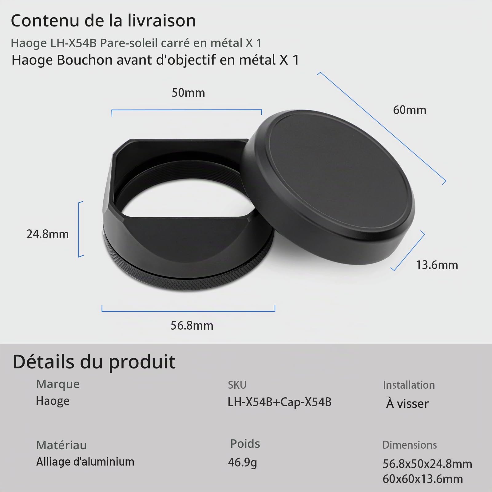 Haoge Pare-Soleil d'objectif carré en métal pour Appareil Photo Fuji Fujifilm FinePix x100vi X100V X100F X100 X100S X100T X70 Noir LH-X54B + Cap-X54B avec Capuchon et Bague d'adaptation 49 mm