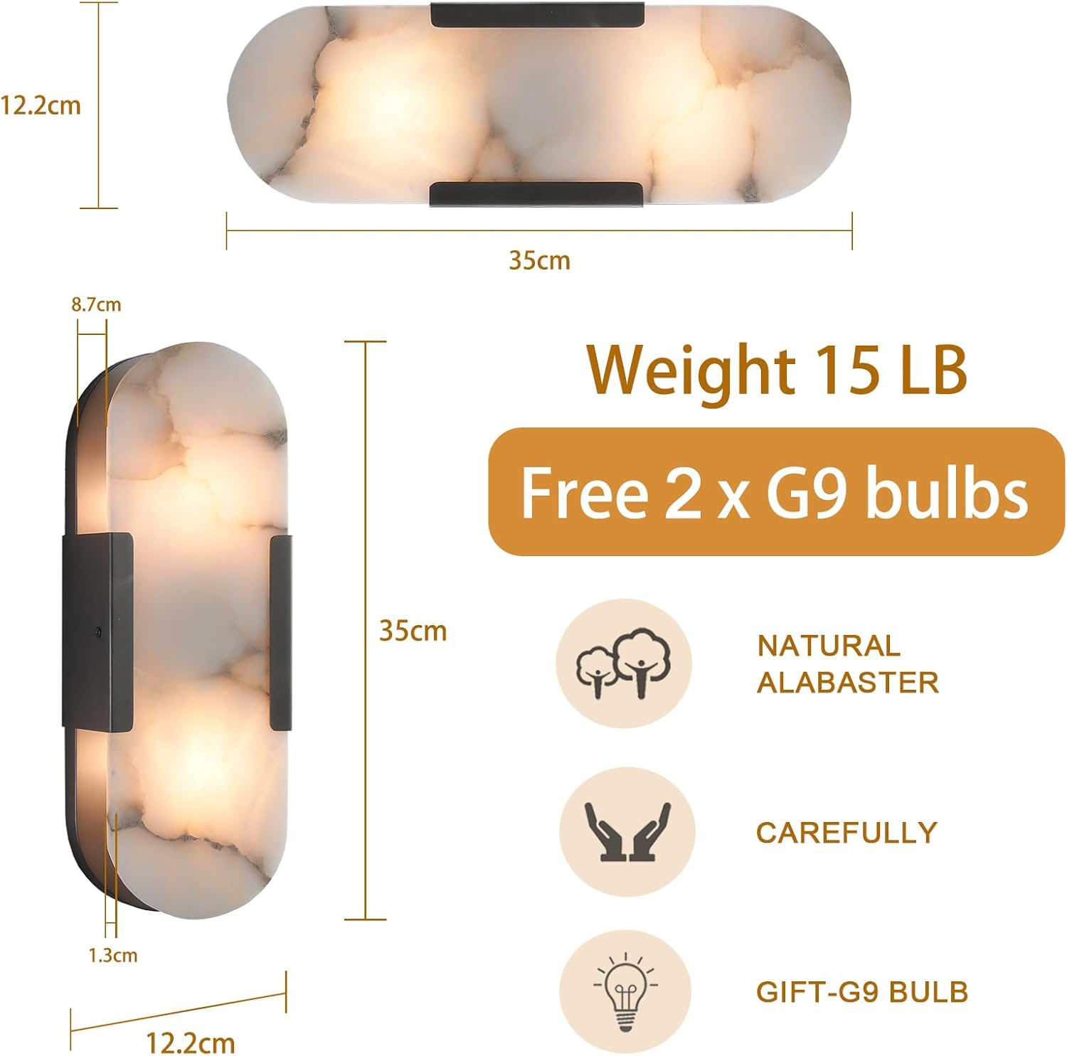 13.8'' Wall Sconces Set of 2, Natural Alabaster Wall Sconce, Indoor Vanity Light Fixtures for Bathroom, Black Modern Bedside Wall Lamp for Living Room, Bedroom, Stairs, Hallway(Gift Bulb)