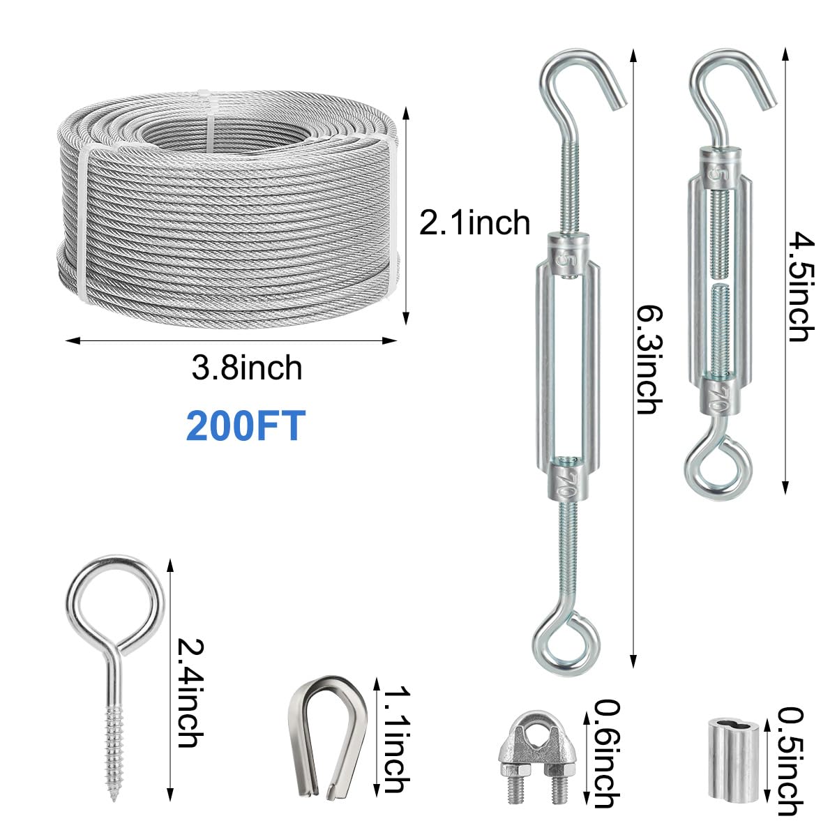Cavo metallico da 0,3 cm, cavo in acciaio rivestito in PVC da 60 m, con kit tendicavo, 7 x 7 cm, per raddrizzare e sostenere alberi, per appendere luci a corda, linea vestiti, ringhiera per
