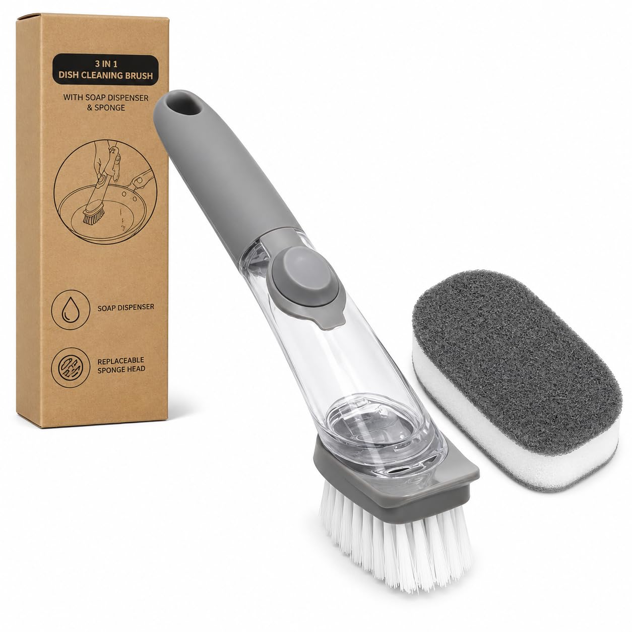 3 in 1 Dish Cleaning Brush with Soap Dispenser & Sponge | Kitchen Cleaning Scrubber Brush for Dishes, Utensils, Sink, Tiles, Pots & Pans | Liquid Dispensing Cleaning Brush (Grey)-image-33