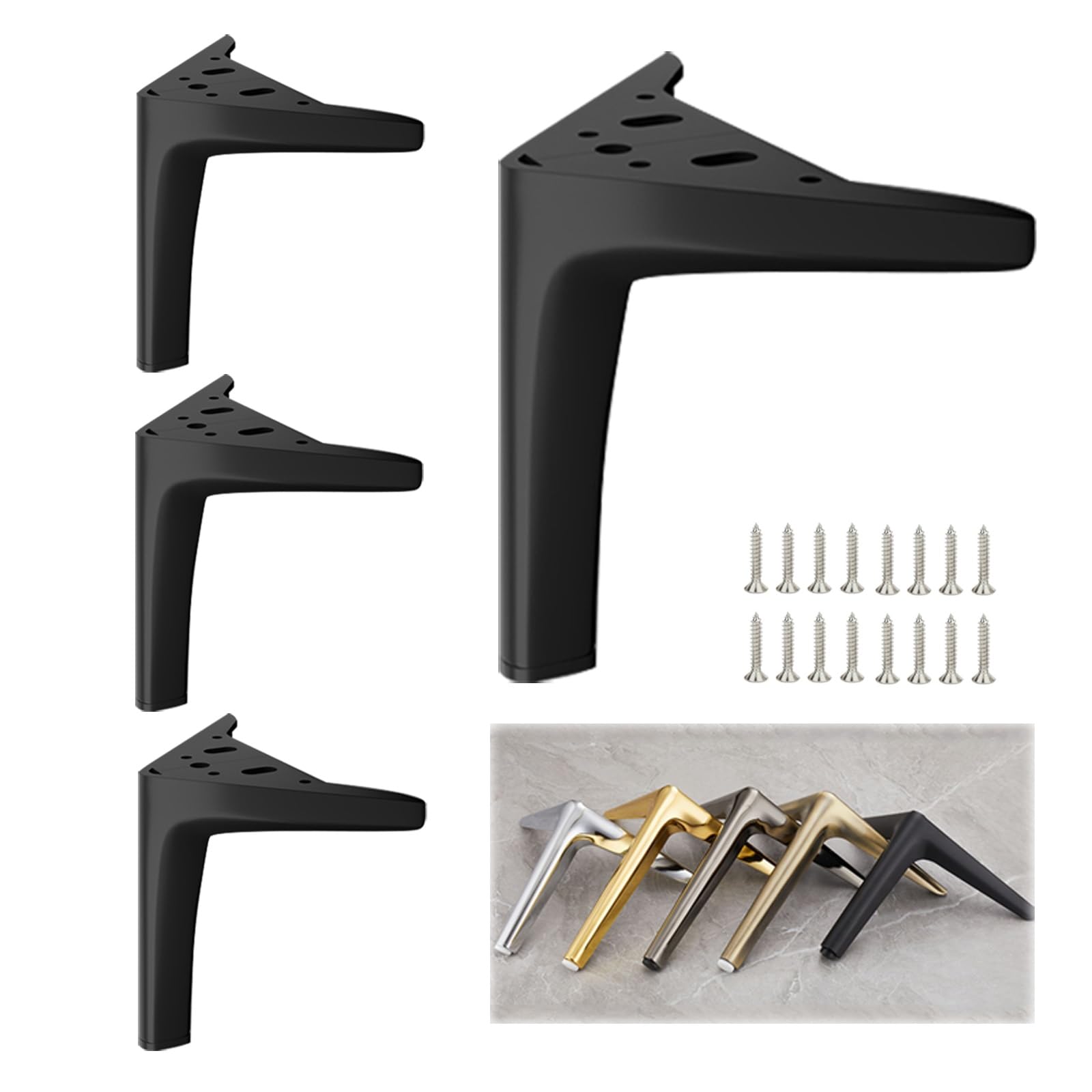 Heavy Duty Metal Furniture Legs Set of 4, 4inch - 10inch Modern Triangle table Feet screw in for Couch Dresser Chair Bed Sofa Table Cabinet Ottoman Cupboard DIY Replacement Parts(Black,4inch/100mm)