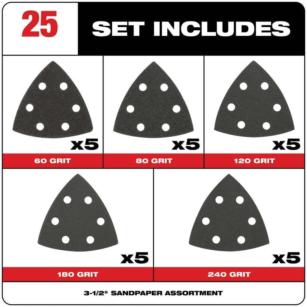 49-25-2025 Fits Milwaukee 3-1/2"" Triangle Sandpaper Variety Pack - 25 PC