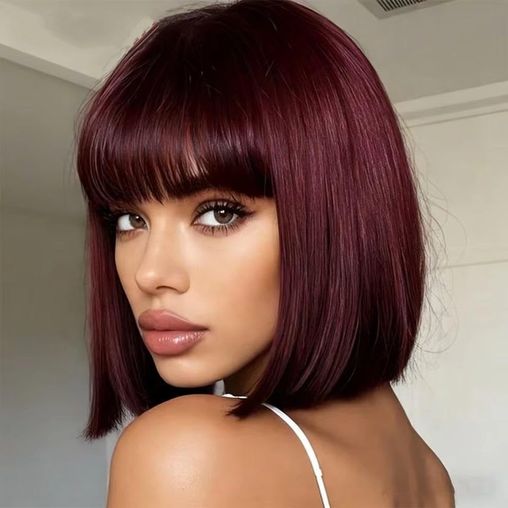 Haarpflege Rote Kurze Gerade Bob-Echthaarperücke Mit Pony Für Frauen