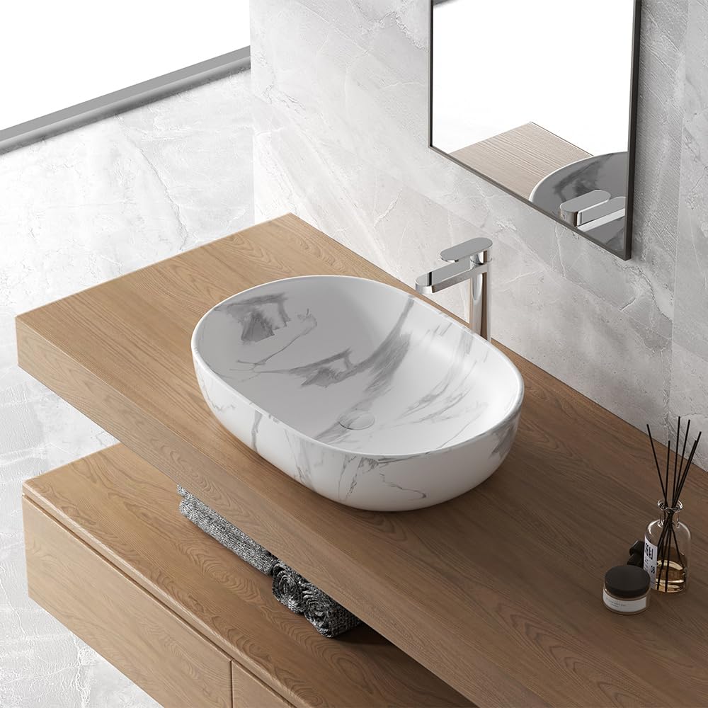 Lavabo Da Appoggio Ovale 60x41 Cm Dal Design Moderno In Ceramica Dall’Effetto Marmorizzato Bianco Linea Tokyo