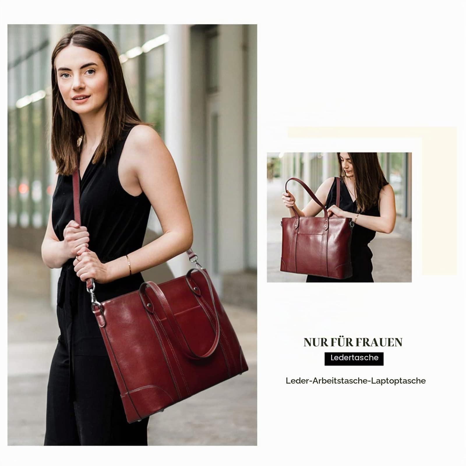 S-ZONE Damen Schultertasche 15,6 Inch Laptoptasche Große Leder Shopper Arbeitstasche Umhängetasche Handtasche mit Gepolstertem Laptopfach