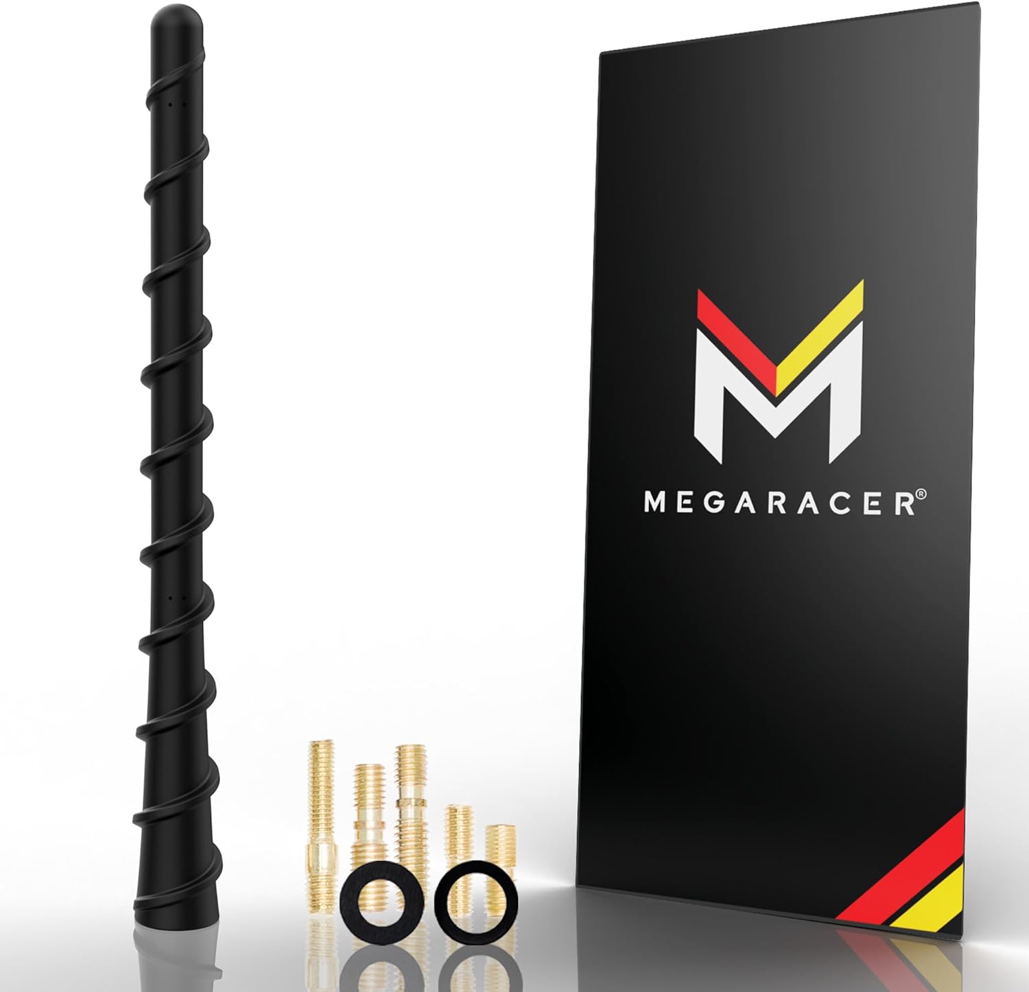 Mega Racer Black Spiral Bending Car Antenna para Camiones, Coches, SUV - 7 Universal Fit, Radio AMFM, Rubber Exterior, Base de Cobre de Metal, Bobina Interna de Acero Inoxidable, Dise&ntilde;o Anti-robo, Lavado de Coches Seguro