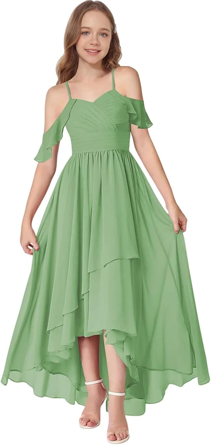 Asymmetrical Junior Bridesmaid Dresses Chiffon Flower Girl Dress Spaghetti Straps Formal Wedding Birthday Party Gown