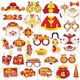 Qpout 30pcs Happy Chinese New Year Photo Booth Props,Funny 2025 Year of The Snake Party Selfie Props,Lunar Red Spring Festival Chinese New Year Party Favor Supplies Decorations