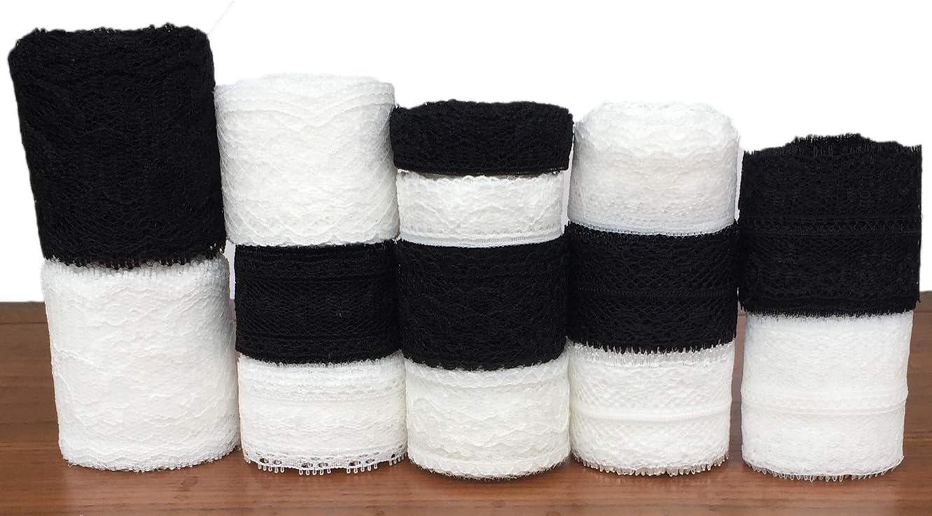 LaceRealm 46 Yards Black White Lace Trim 14 Rolls(3.3 Yards/Each) Assorted Floral Pattern Trim Lace Ribbon for Sewing, Floral Designing and Crafts (14 Styles)