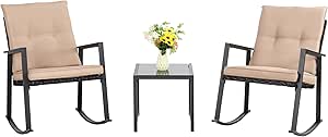 Shintenchi Outdoor 3 Piece Rocking Bistro Set, Wicker Patio Outdoor Furniture Porch Chairs Conversation Sets with Glass-Top Coffee Table for Backyard Porch Poolside Lawn, Garden,Khaki