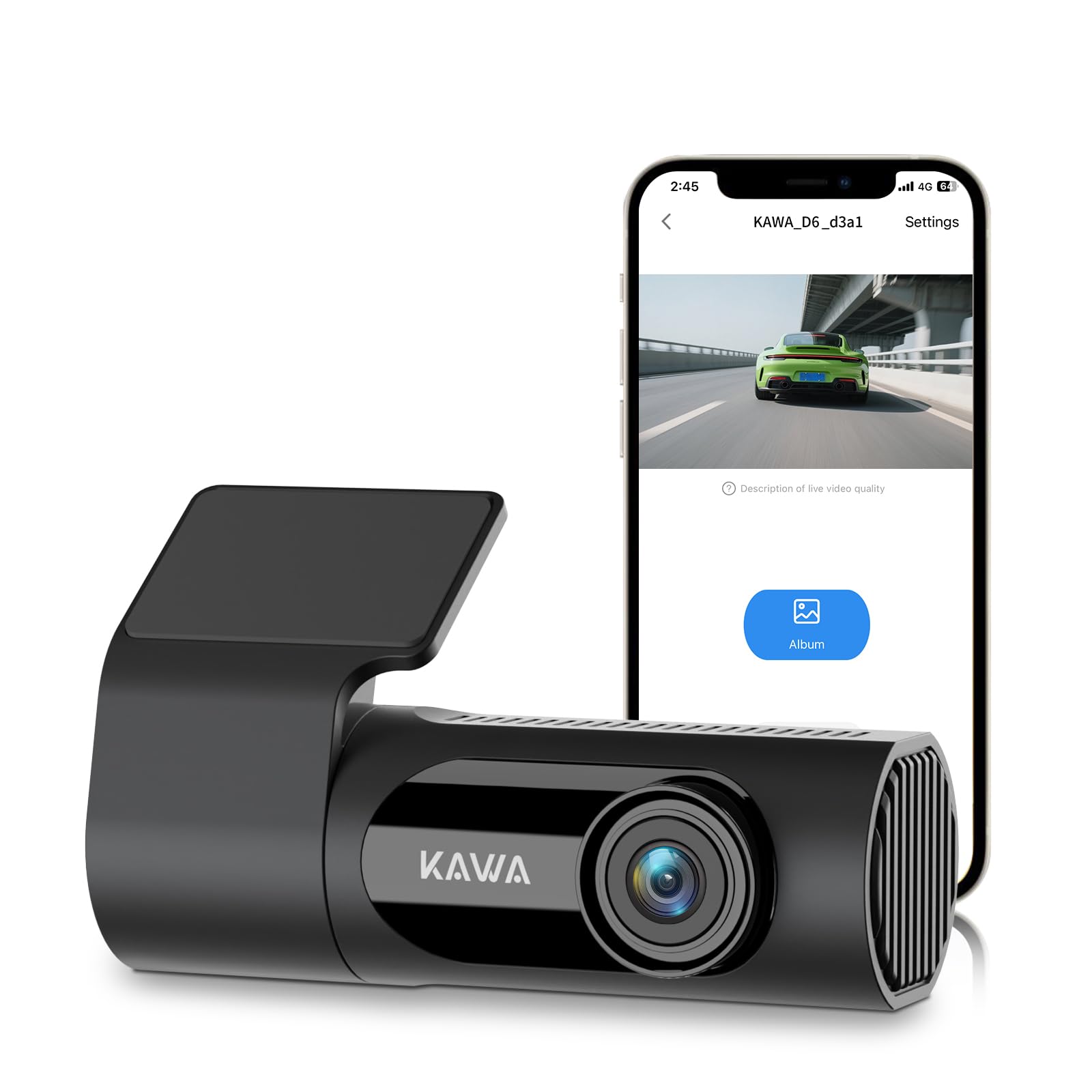 KAWA Samochodowa kamera na deskę rozdzielczą 2K 1440p QHD z superkondensatorem, obracana o 360°, Wi-Fi, czujnik G, szeroki kąt widzenia 145°, widoczność w nocy, nagrywanie w pętli, monitorowanie
