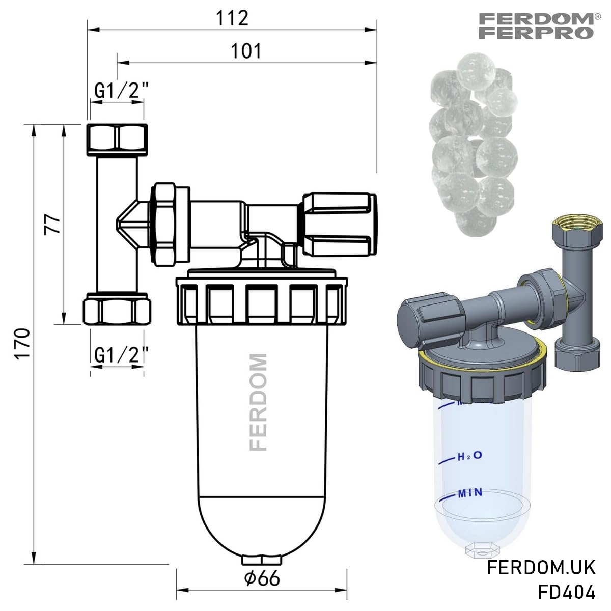 FERDOM FD404 Antyskalowy i Antykorozyjny Proporcjonalny Dozownik/Podajnik do Wody Sieciowej. Zawór i By-Pass. Mosiężna Głowica, Niebieska Obudowa SAN. Przyłącza Obrotowe 1/2". Z Wkładami do 30m3 wody.