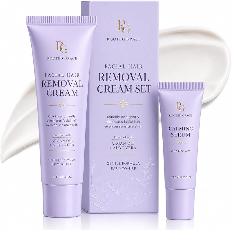 Crema depilatoria facial para mujeres, kit de crema depilatoria para piel sensible con suero calmante, removedor de vello de barbilla y melocotón para labio superior, cuidado de la piel suave en casa para cara y cuerpo