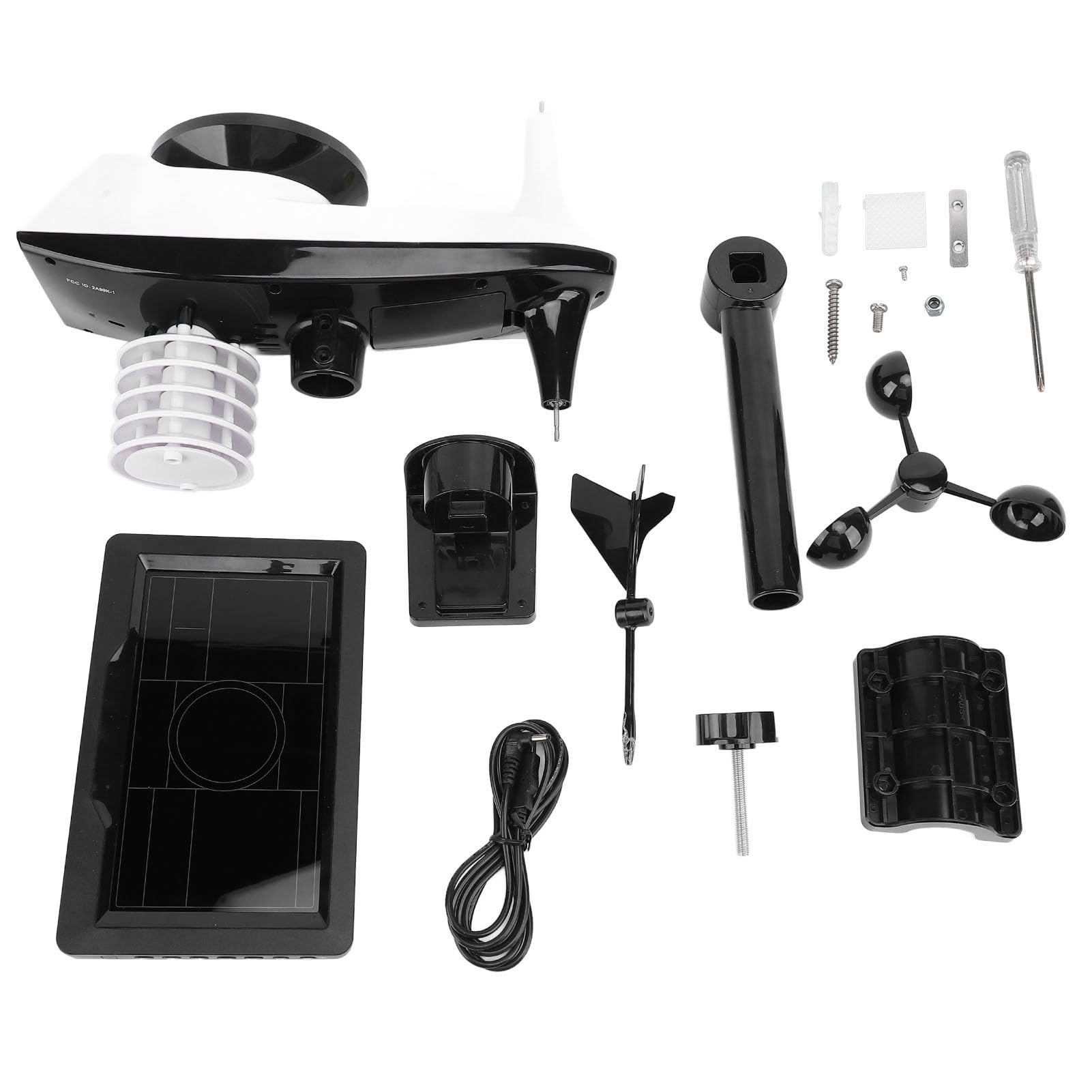 Weather Forecast Clock with Rain Gauge Wind Speed Direction Atomic Clock LCD Color Display Weather Temperature Humidity Clock for Indoor Outdoor