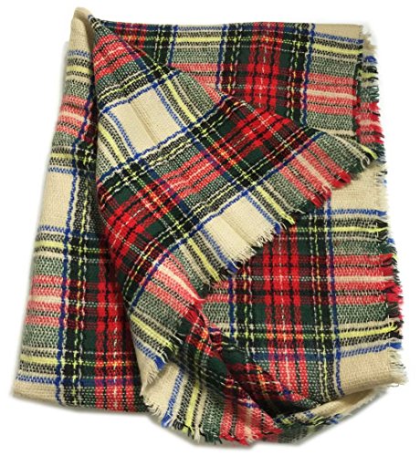 Aesthetinc Classic Multi Color Plaid Frayed Design Infinity Knit Scarf Wrap (Ivory/Red) #TOP5