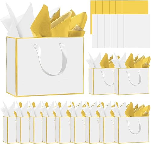 Epoesch Paquete de 12 bolsas de regalo de papel metálico con asas, incluye papel de seda, 11.8 x 10 x 4 pulgadas, elegantes bolsas de regalo de 5