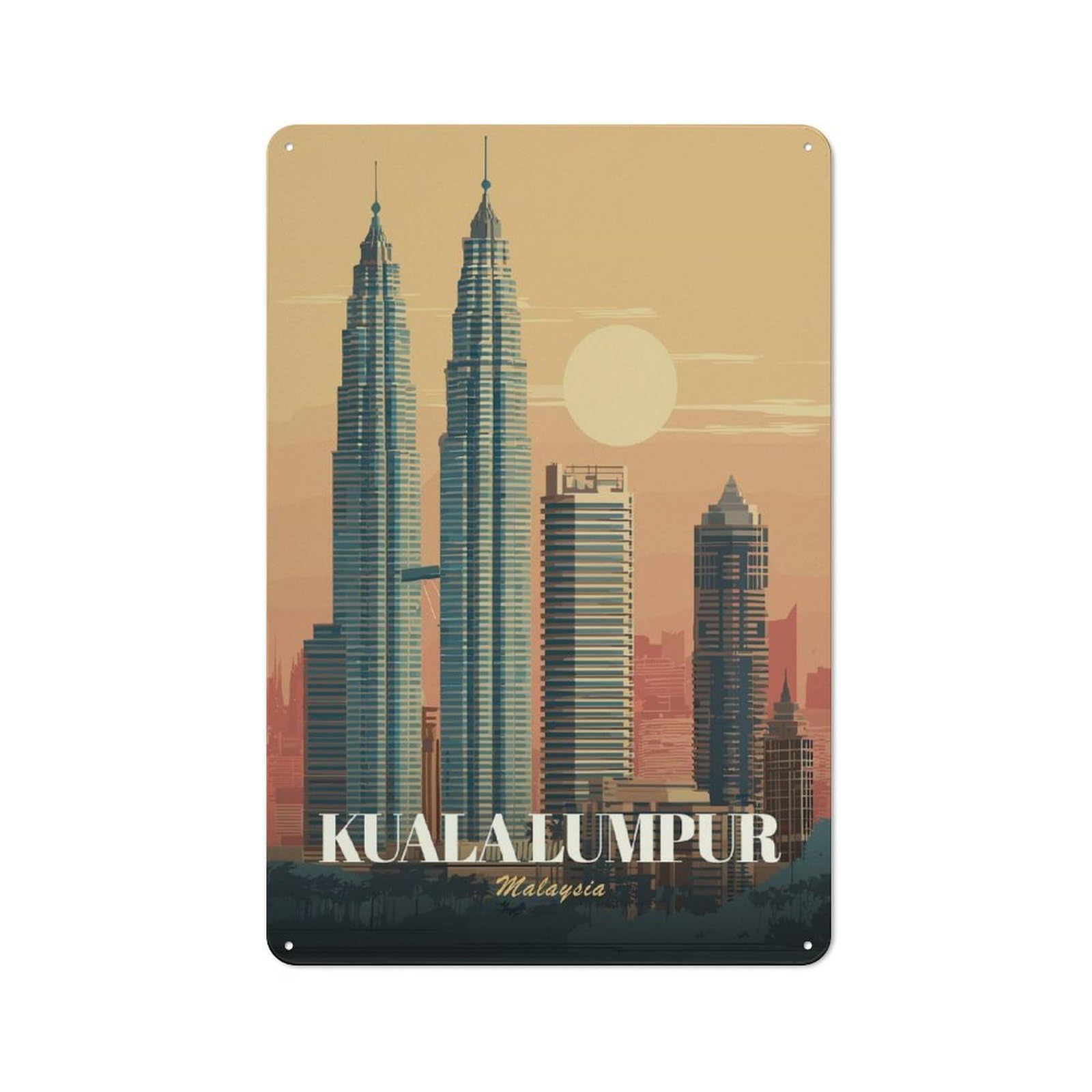 Junmoney Style-15 Classic Kuala Lumpur Cityscape Illustration Metal Sign 30X20cm, Classic Pub Decor For Diner, Restaurant, Shed Or Kitchen