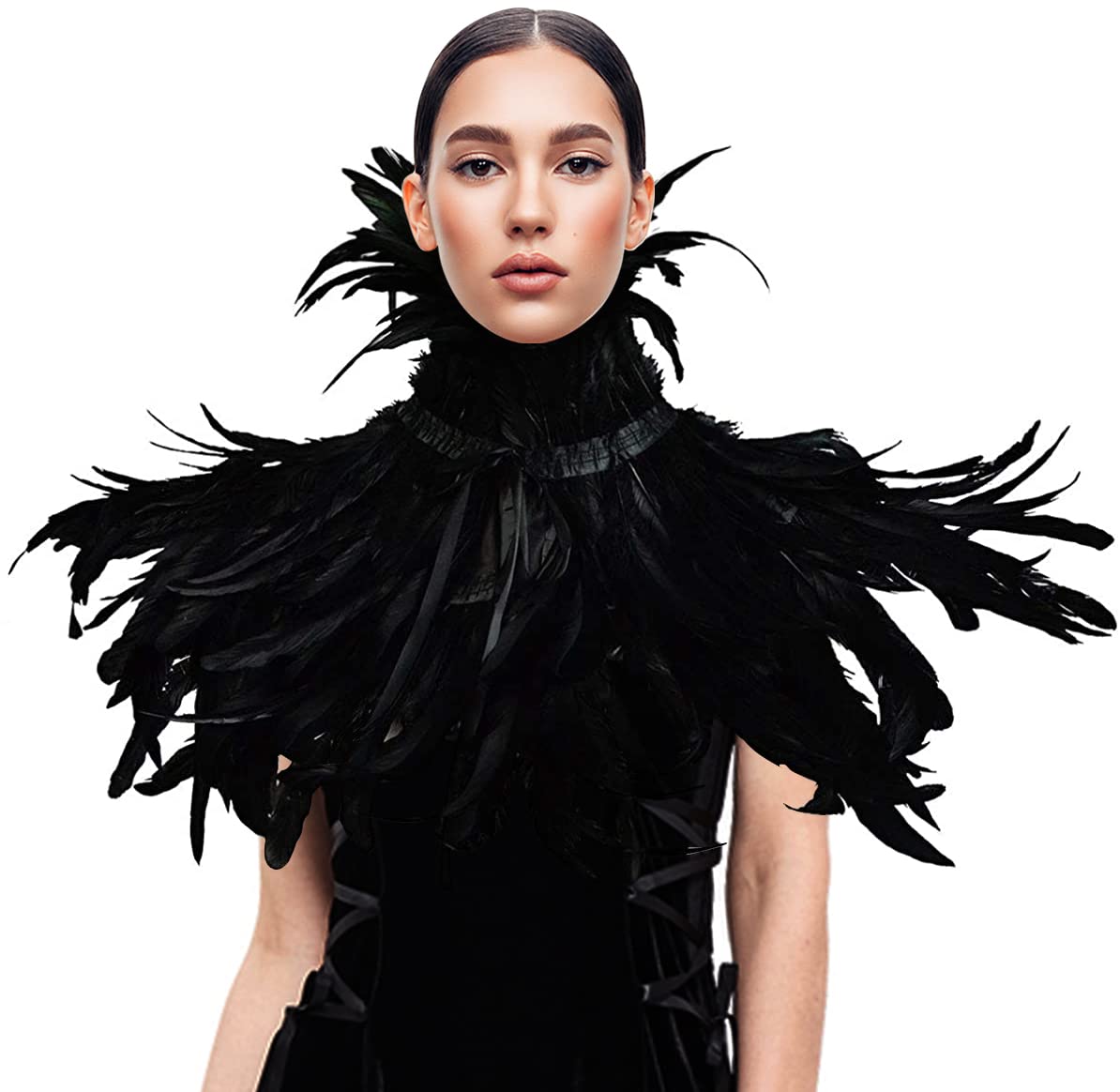 JPXHMaleficent Costume Black Feather Cape Collar Women Bird Adult Gothic Renaissance Cabaret Raven Festival