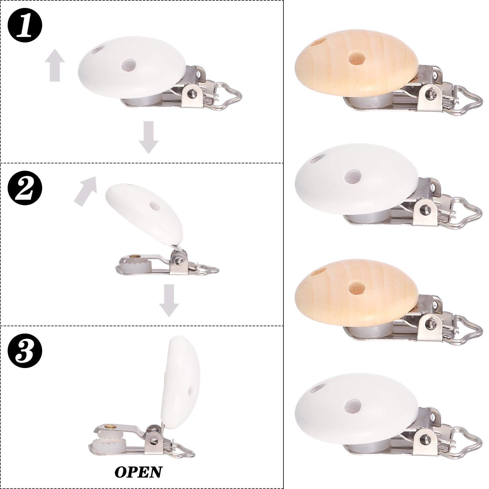 15 pezzi giocattolo di pinze per capezzoli in legno di faggio naturale, attacco per ciuccio, pinze per ciuccio fai da te, portaciuccio in legno per dentizione, colore: bianco