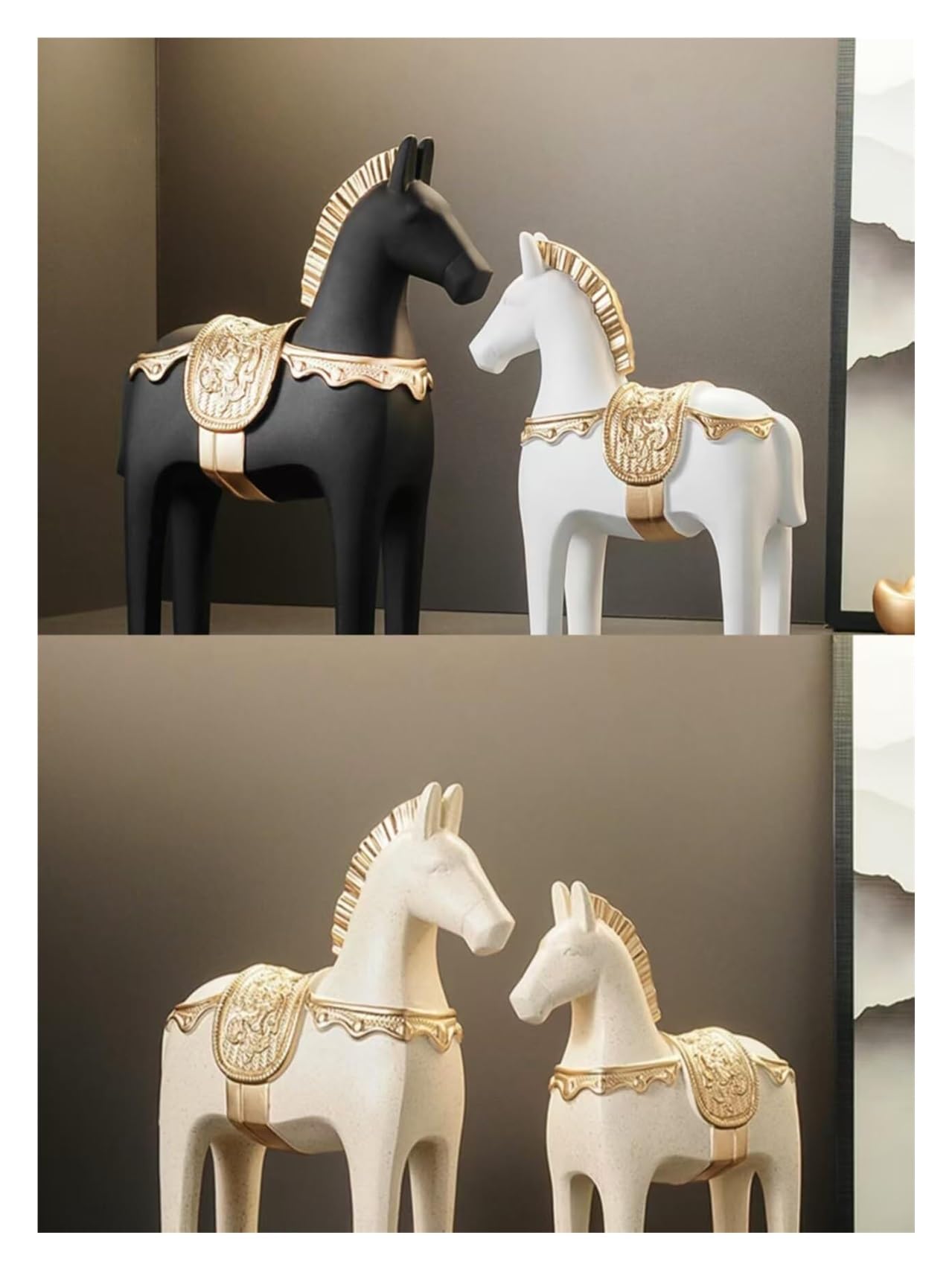 Regalos de inauguración Figuras de Caballos Arte nórdico, Juego 2 esculturas Resina, Piezas Decorativas for el hogar Decoración única(Black and White)