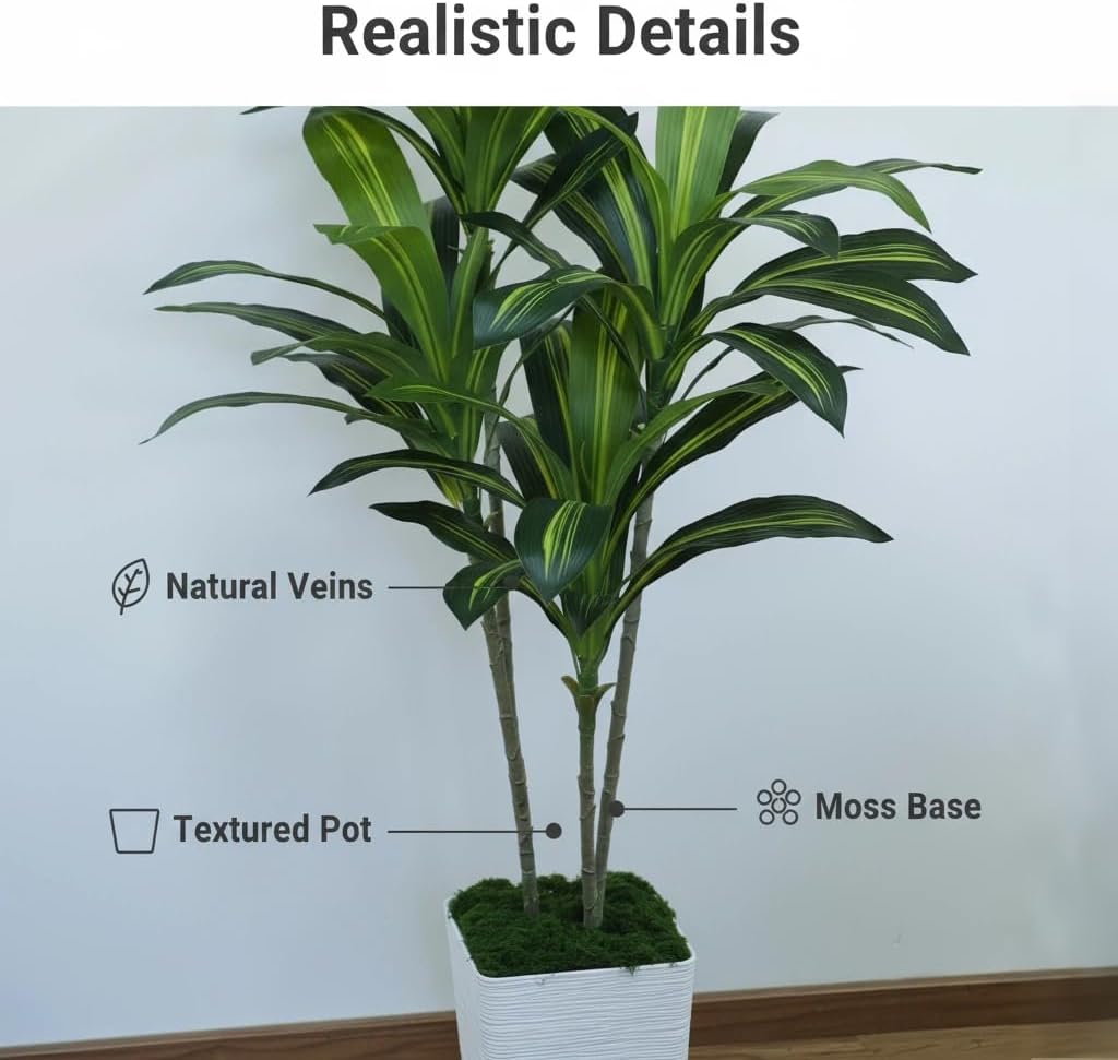 Artificial Dracaena Tree 5FT, Fake Tree with White Tall Planter - Faux Yucca Tall Fake Floor Plant in Pot - Artificial Plant for Home Office Living Room Decor Indoor