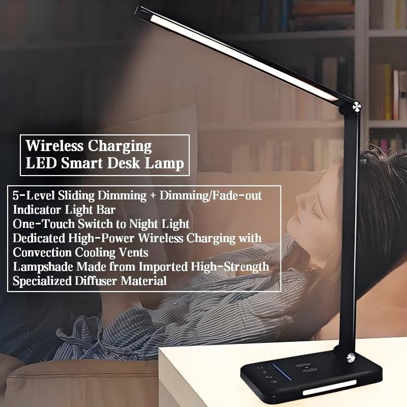 Miniatura 2 de Lámpara de escritorio LED inteligente con cargador inalámbrico y luz nocturna para el cuidado de los ojos (lámpara de escritorio de carga