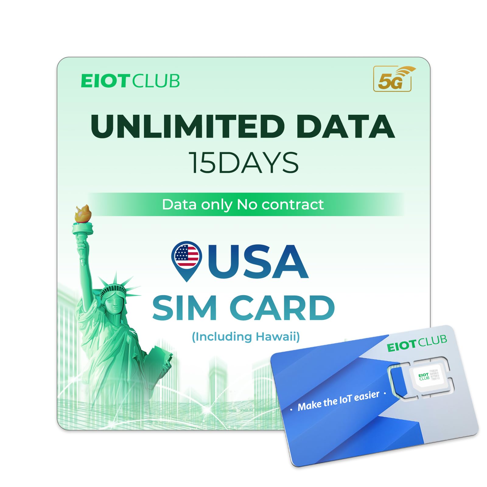 EIOTCLUB SIM USA Prepagata 15 Giorni, Dati Illimitati 5G per Viaggi negli Stati Uniti, SIM Dati Senza Contratto, Compatibile AT&T e T-Mobile, Inclusi Alaska e Hawaii
