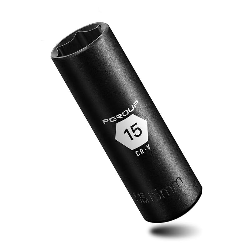 Soquete de Impacto Longo 15 mm com Encaixe de 3/8 pol., 6 Pontos, Aço Cromo-Vanádio e Revestimento de Fosfato de Manganês Preto pgroup