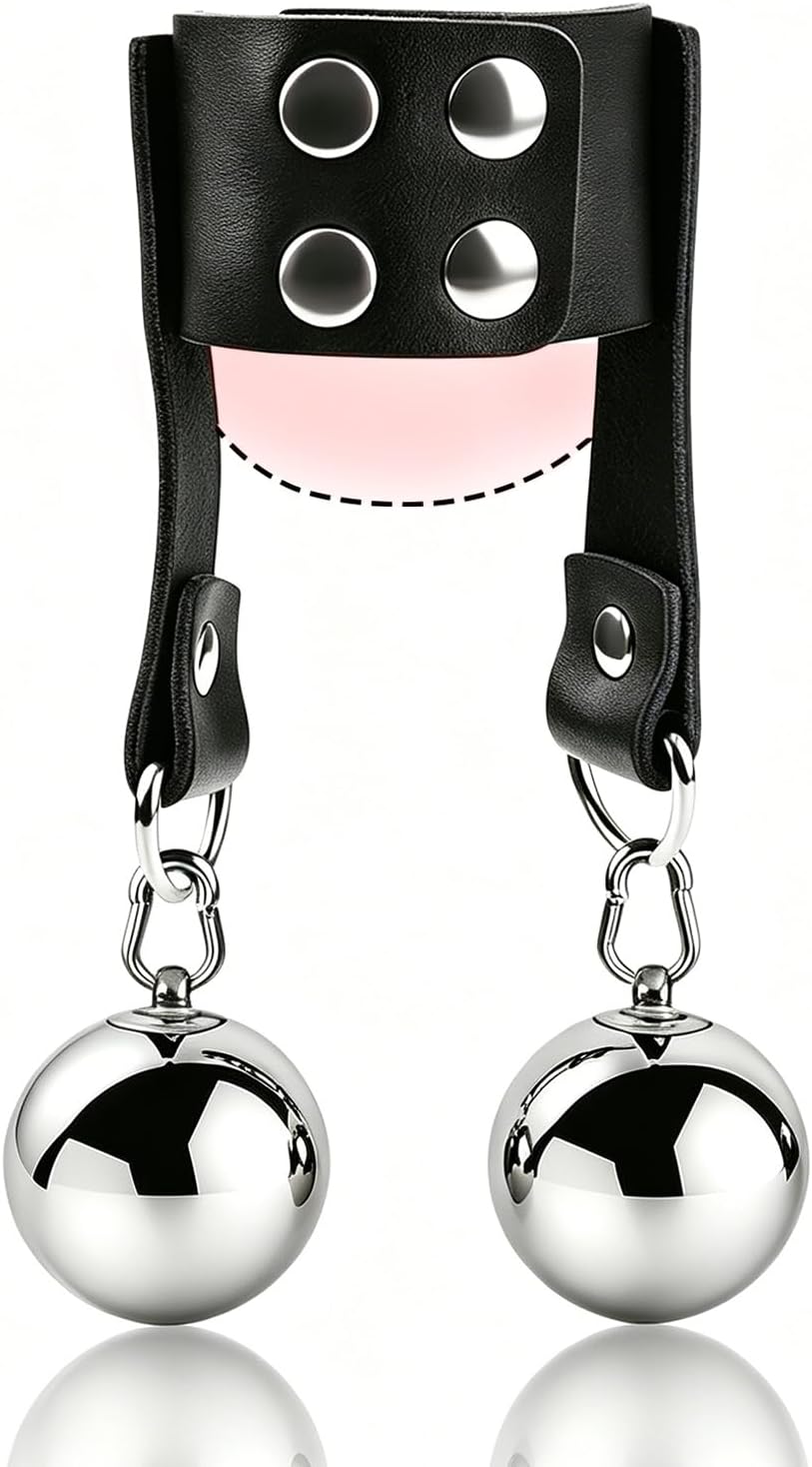 Leather Testicle Stretcher Adjustable Testicle Crusher CBT Ball Stretcher Weight with 2 Metal Testicle Weight Balls Cock and Ball Torture Penis Weight Ball Crusher Testicle Toys BDSM Toys for Men