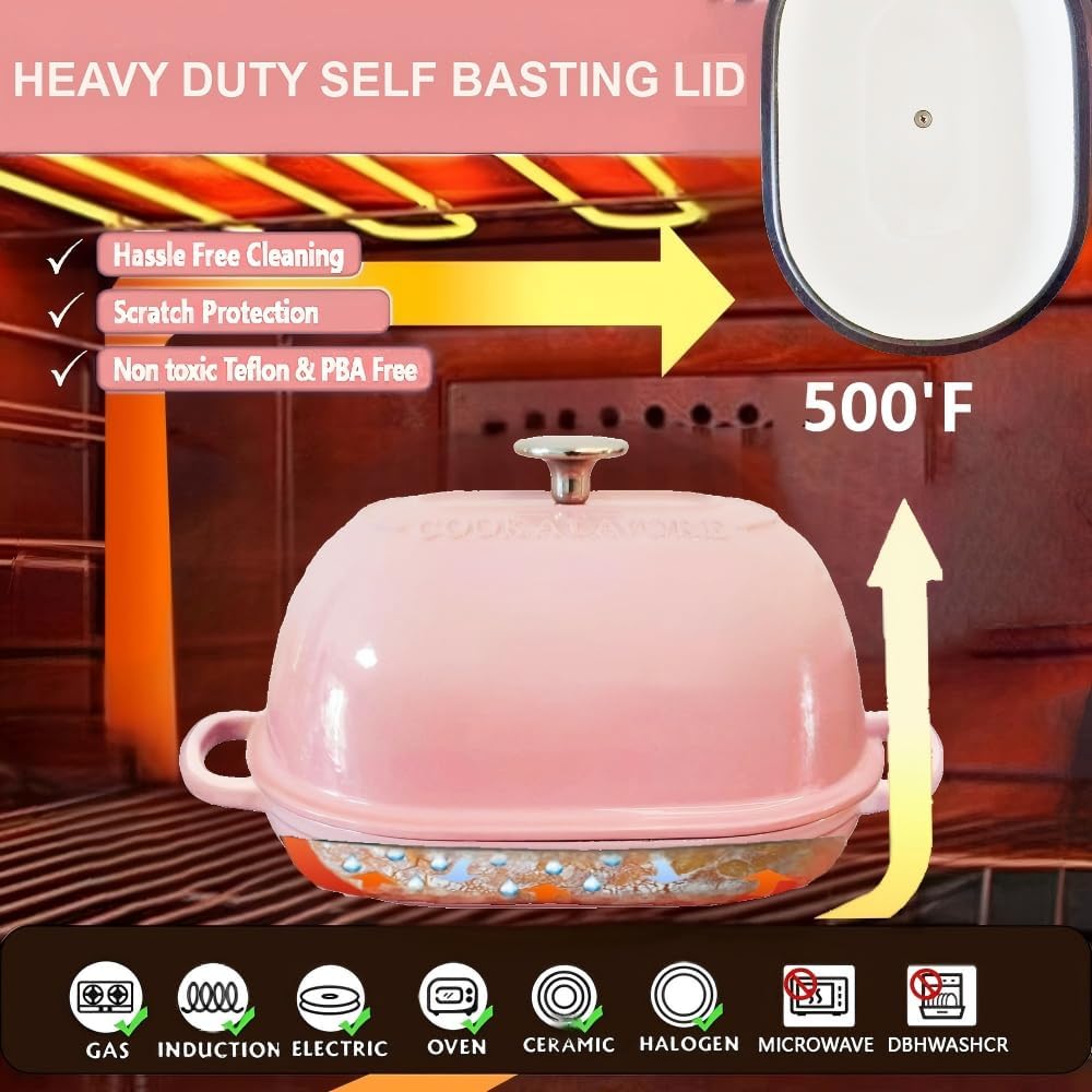 Cast Iron Bread Oven,6 QT Bread Oven,Thick Enameled Loaf Pan with Lid,Bread Pans for Homemade Bread,14.5"Dutch Oven for Bread Baking,Dutch Oven-with Silicone Baking Mat&Recipe,Gifts for Family,Pink