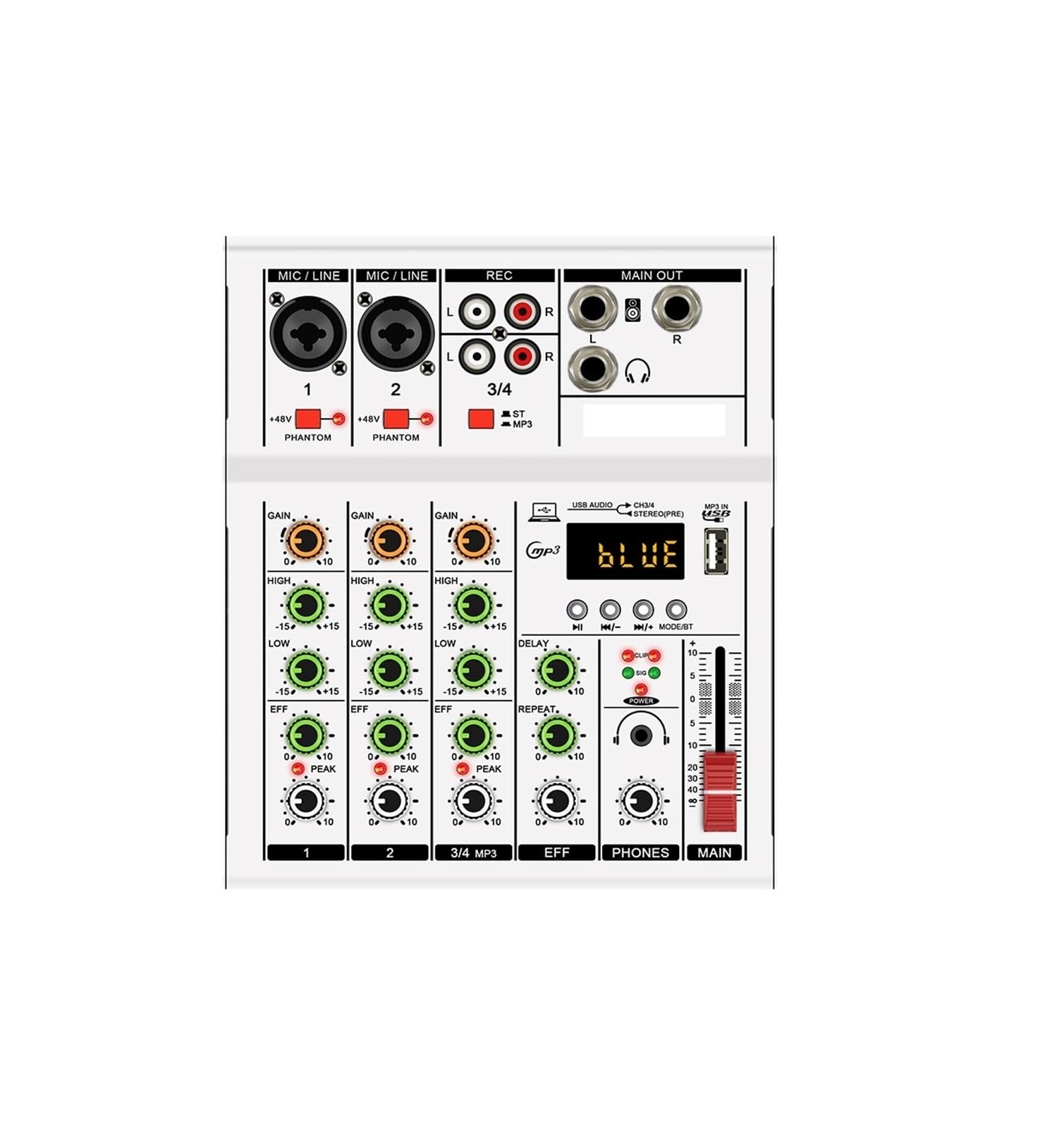 Kontroler DJ-ski, 4-kanałowy mini mikser, profesjonalny cyfrowy DJ z USB, przenośny do miksowania na żywo i śpiewania(Wit)