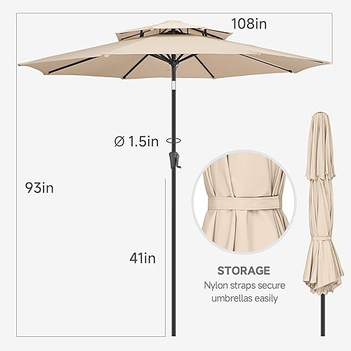 Miniatura 2 de FLAME&SHADE Sombrilla de patio de 9 pies, sombrilla para exteriores de 2 niveles con botón de inclinación y manivela para protección UV, sombrilla