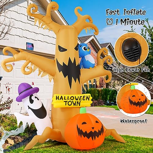 Goosh 8 Ft Halloween Inflatables Outdoor Dead Tree With Ghost, Pumpkin And Owl, Blow Up Yard Decoration Clearance With Led Lights Built-In For Holiday/Party/Yard/Garden #TOP4