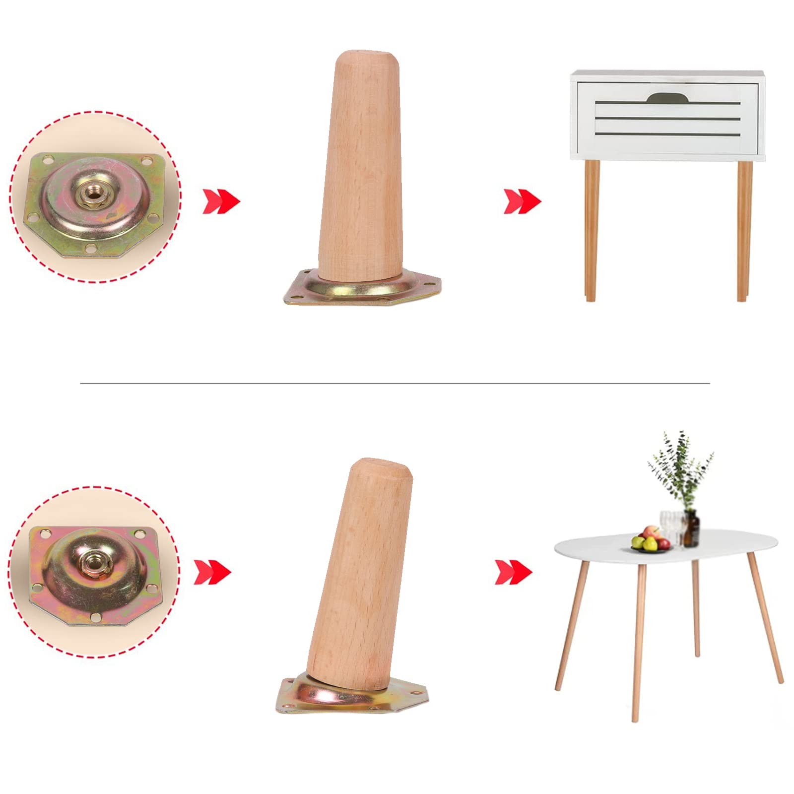 4 Pièces Pieds de Meubles en Bois Massif (Hêtre), Pieds de Table Conique de Remplacement pour Table à Manger, Canapé, Armoire, Avec Vis, Couleur du Bois (60cm/23.6in, Tilt)